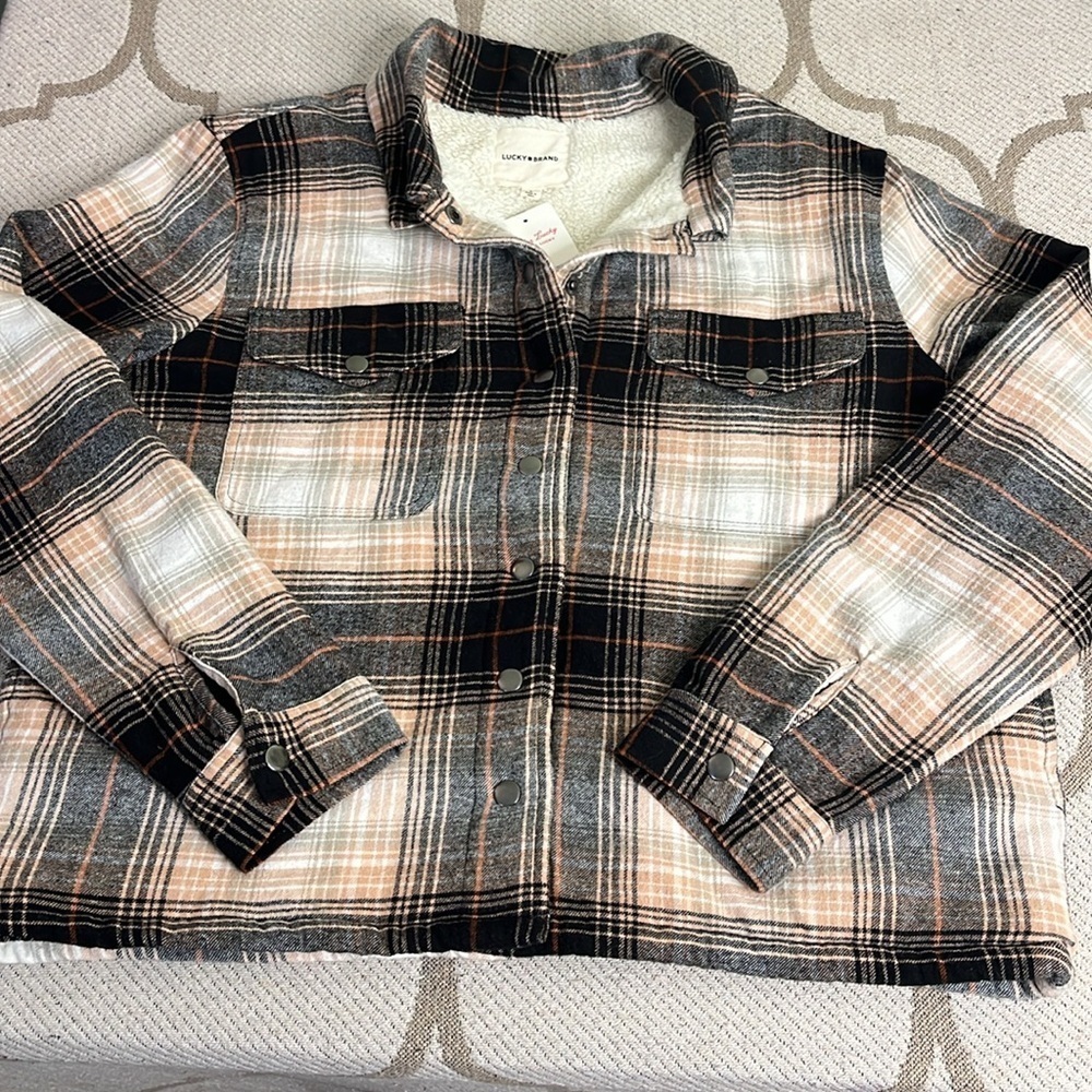 Lucky Brand Sherpa lined snap button side pockets flannel plaid shirt jacket